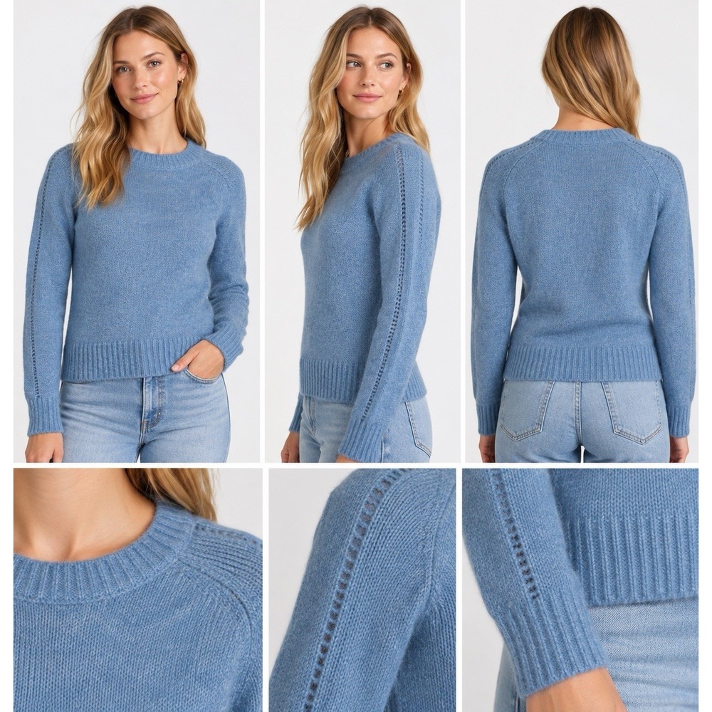 Pacas Womens Crewneck Sweater Fitted Blue Melange Baby Alpaca Merino Wool Size S